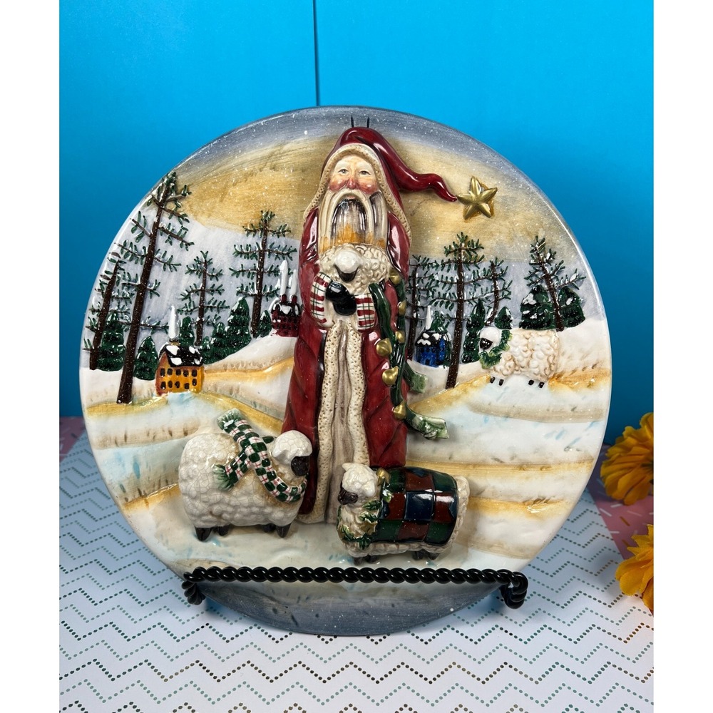 Christmas Santa Sheep Lamb Plate 3D Raised Wall Art 8"Round By Santa's Workbench